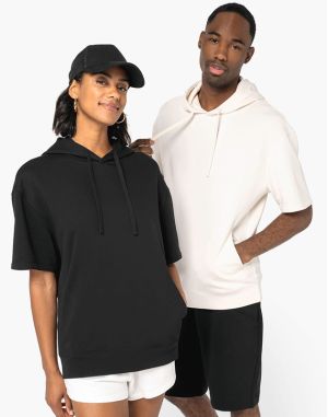 SWEAT-SHIRT ÉCORESPONSABLE À CAPUCHE À ÉPAULES TOMBANTES MANCHES COURTES FRENCH TERRY UNISEXE
